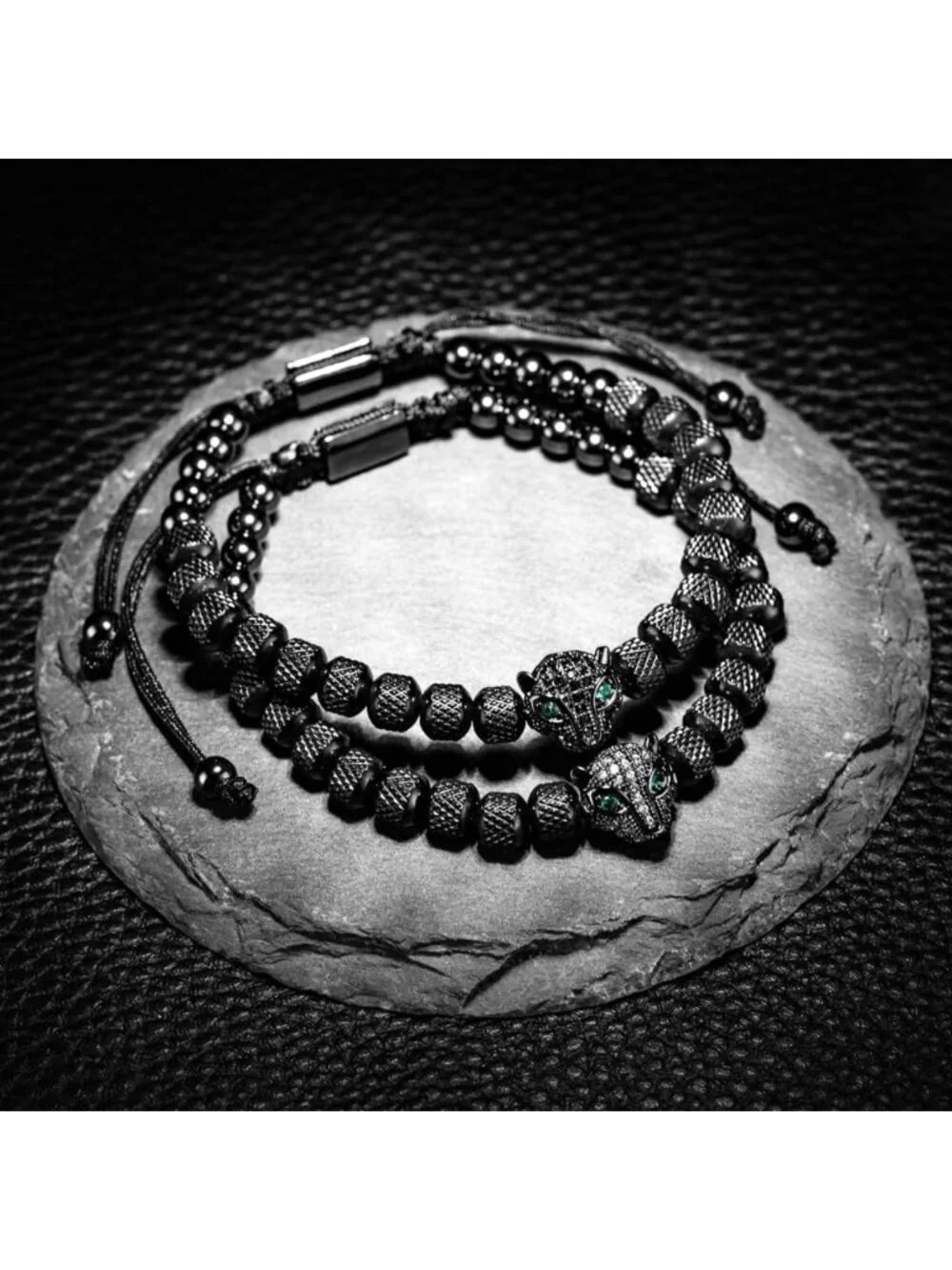 3pcs Handmade Braided Hip Hop Bracelets Set with CZ Leopard Head & Roman